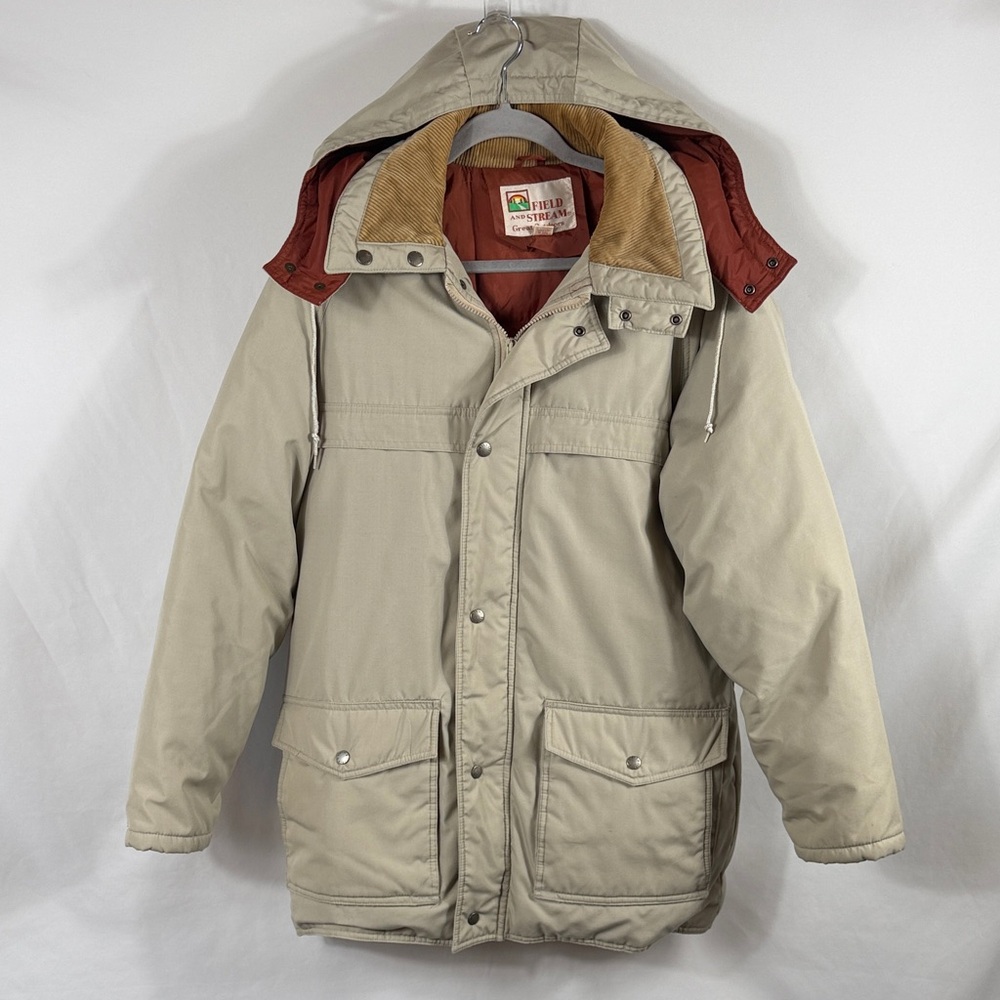 Field & Stream Men’s VTG Tan Hooded Down filled Chore Jacket Barn Coat. Size M.
